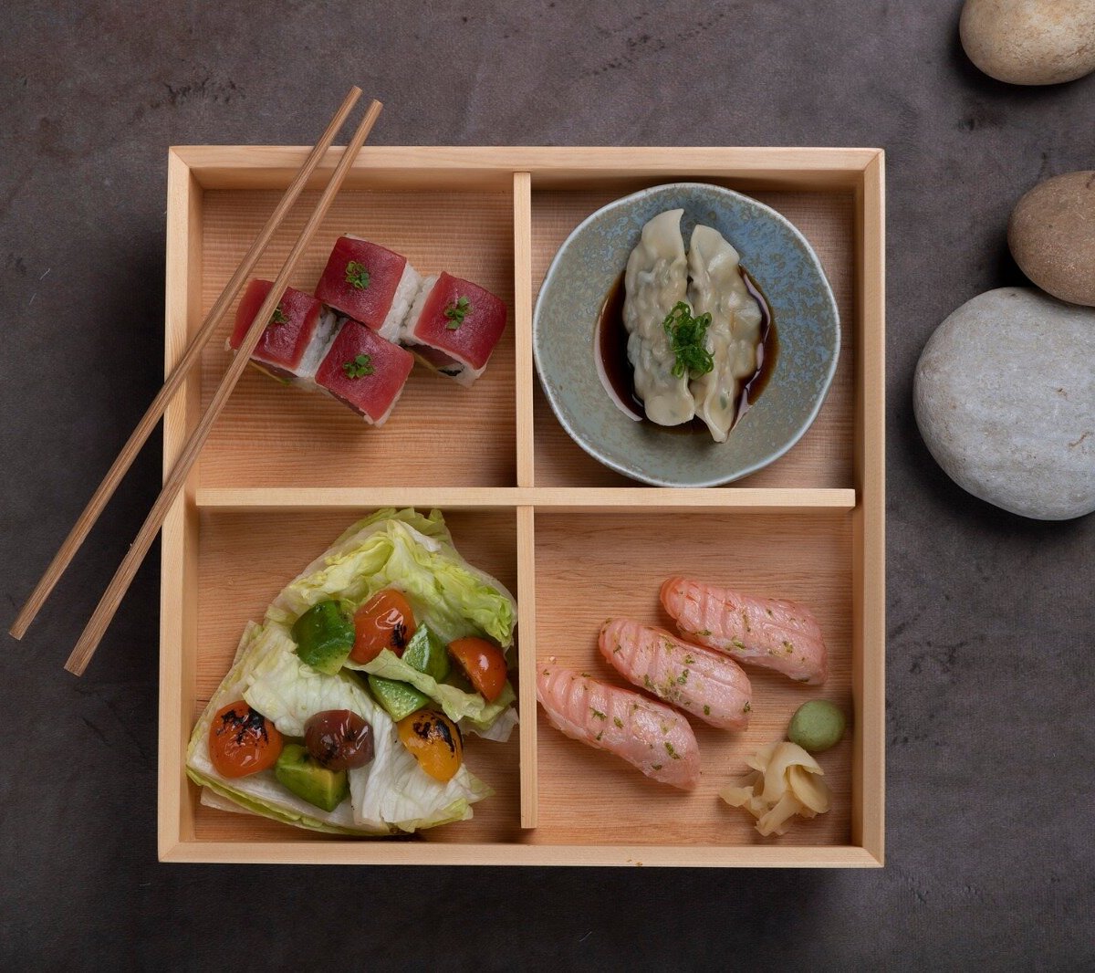 PaperFish Sushi signature dishes Wagyu Hamburger, Bento Box, Ebi Tempura, Aro Crème Brûlée